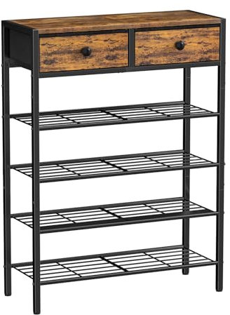 UNITSTAGE Shoe Rack for Entryway, 5 Tier Shoe Organizer with 2 Non-woven Drawers, Metal Storage Shoe Shelf for 16-20 Pairs of Shoes, with Wooden Top and Steel Frame, Shoe Stand for Closet Rustic Brown