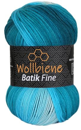 Wollbiene Batik Fine 100 Gramm Wolle mit Farbverlauf mehrfarbig Multicolor Strickwolle Häkelwolle (5200 petrol türkis weiß)
