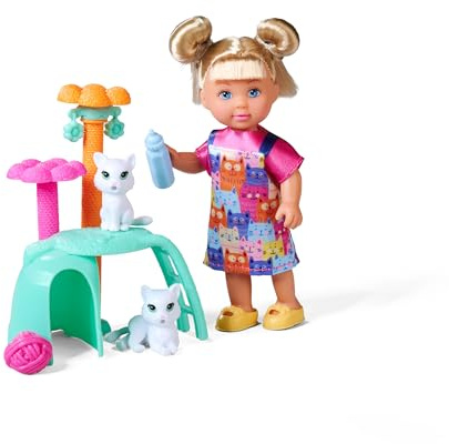 Simba Evi Love Cat Tree, Spielpuppe im süßen Katzenkleid, mit Katzenbaum, 2 Katzen und viel Zubehör, 12cm, ab 3 Jahren