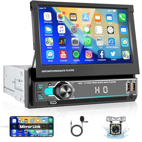 VECHTEL Autoradio 1 Din avec Écran Tactile Rabattable, Autoradio 7 Pouces avec Bluetooth, Radio FM, Prise en Charge Mirror Link, USB/AUX, Commandes au Volant, Caméra de Recul, Microphone