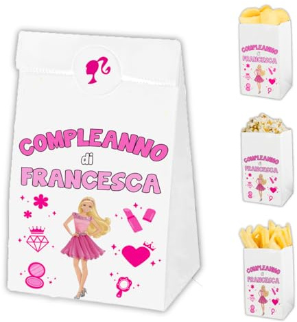Auguriando 25 Sacchettini Compleanno Bambini Personalizzati Sacchetti Dopo Festa Regalo Personaggi Sacchetto Carta Regali dopofesta Caramelle Alimenti (Barbi)