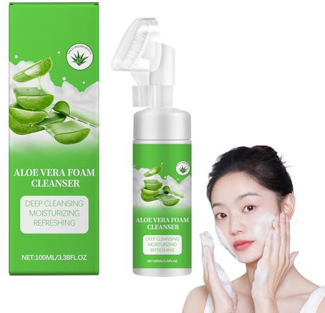 Aloe Vera Schaum Gesichtsreiniger mit Vitamin E, Cleanser, Tiefenreinigungspflege für fettige & sensible Haut, Feuchtigkeitsspendende Schaumtextur, Porenverfeinerung, Antioxidative Wirkung