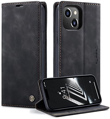 WJXEXRS Handyhülle für iPhone 14 Hülle, Premium Klapphülle Leder Schutzhülle Klappbar mit Kartenfach Ständer Magnet Handytasche Standfunktion Flip Case Lederhülle für iPhone 14 6.1 Zoll, Schwarz