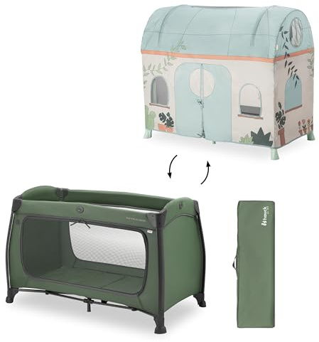 hauck Play N Relax Center Kinderreisebett inkl. Spielzelt, Dark Green Plants - ab Geburt bis 15 kg, mit Neugeborenen Einhang, Wickelauflage, XL Schlupf, Rollen, Tragetasche - Klein Zusammenklappbar