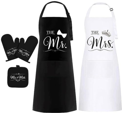 Wambere Ensemble de tabliers de cuisine personnalisés, maison cuisine couple de mitaines et porte-pots avec tablier de cuisson, ensemble avec gants de four, maniques et tablier, pour hommes et femmes