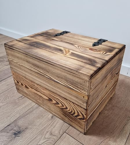 PYXIDAS Wooden Storage Crates & Boxes with Lid - Soft-Close Rustic Decor (Burnt effect, 40x30x27)