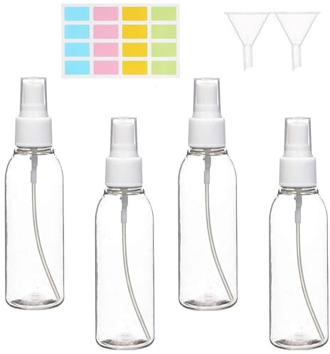 Cjkoonsa 100ml Small Spray Bottle set 6 Pcs Small Refillable Liquid Containers with 2 Funnels and 1 colors Labels for Toiletries and Cosmetics
