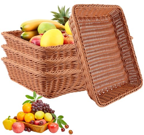 AKOLAFE 4 Pièces Corbeille a Pain en Osier 40 x 30 x 8 CM Panier Pain Empilables Panier a Pain de Service Brun Panier Osier Rectangulaire Corbeille Osier pour Pain, fruit, Légume, Ustensile de Cuisine