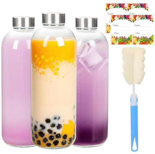 EkkoVla 1000ml Glass Water Bottles with Stainless Steel Lids- 3 Pack Glass Juice Bottles with Airtight Caps- Reusable Leakproof Drinking Containers for Water, Milk, Smoothie, Hot & Cold Drinks