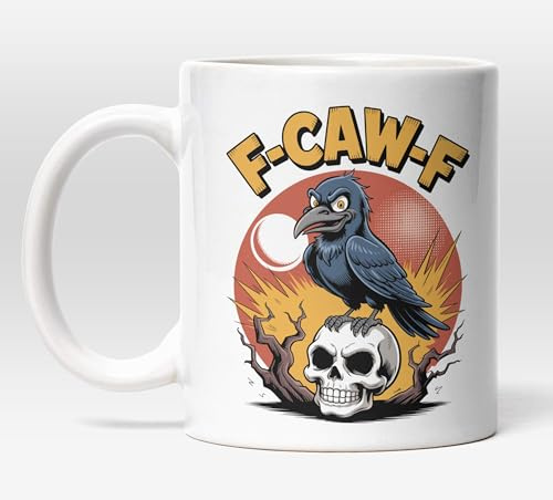 Millhouse Prints F-Caw-F Raven Skull Mug – Funny Dark Humor Coffee Cup – Gothic Bird Lover Gift – 11oz Ceramic Mug for Adults