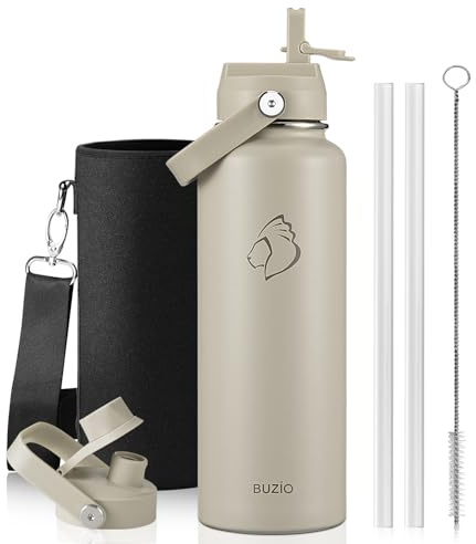 BUZIO Insulated Water Bottle 1.2L Stainless Steel with Straw & Spout Lid | Metal Water Bottle Keeps Cold 48 Hrs Hot 24 Hrs with Strap, Leakproof Drink Bottles, BPA-Free, for Gym, Travel, Sports