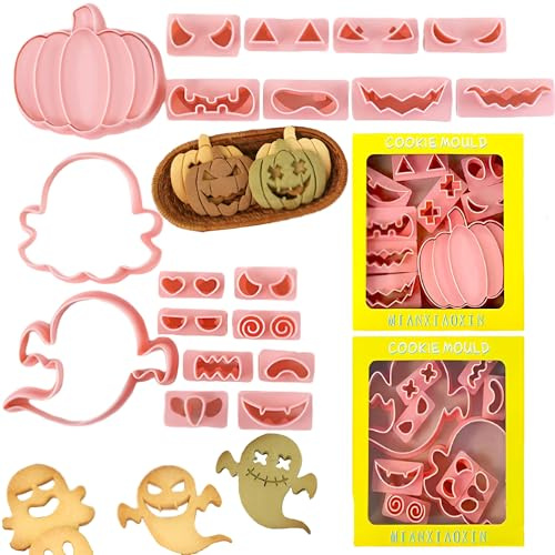 HaploS 20 Pezzi Stampi Biscotti Zucca Tagliabiscotti, 3D Fantasma Pressable Formine per Biscotti, Biscotti Bambini Timbro Plastica Riutilizzabile, Rosa Tagliabiscotti 3D Plastica per Festa