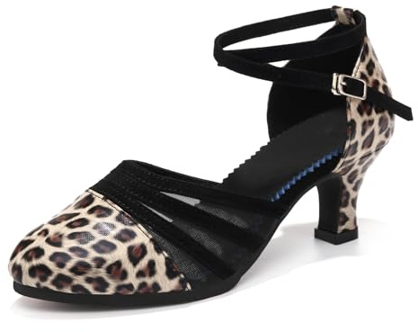 YCALCP Women's Ballroom Dance Shoes Latin Salsa Closed Toe Low Heel Tango Performence Dancing Shoes Rubber Sole,Leopard,5.5UK