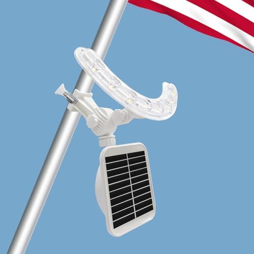 Solar Flag Pole Light, Flagpole Light Solar Powered - 3000K Warm, Super Bright PC Crystal LED Spotlights, Upgraded 2200mAh 145Lm, Adjustable Bracket & Metal Clamp Fits 1-1.5 Flagpole, 8-12 Hrs, White