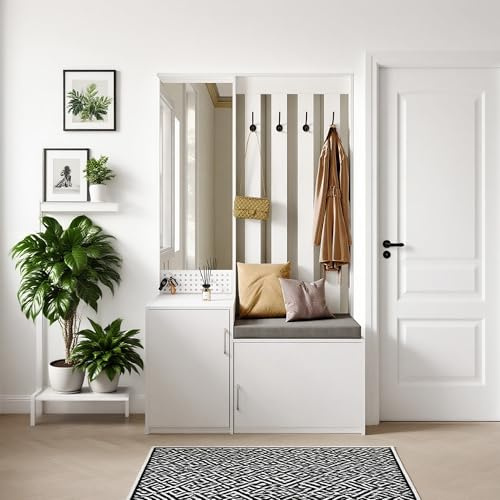 Meuble d'entrée avec Miroir, Ensembles Meuble d'entrée Vestiaire, avec Panneau de Cintre, Miroir et Tabouret de Chaussures, pour Entrée, Chambre à Coucher, Salon (Blanc, 100 * 40 * 180)