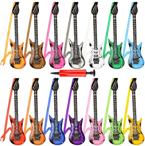 14 Pack 37.4 inch Inflatable Guitar with Strap Assorted Color Blow Up Guitars with 1 Red Air Pump for Kids Birthday Rock Star Party Decorations, 14 colors