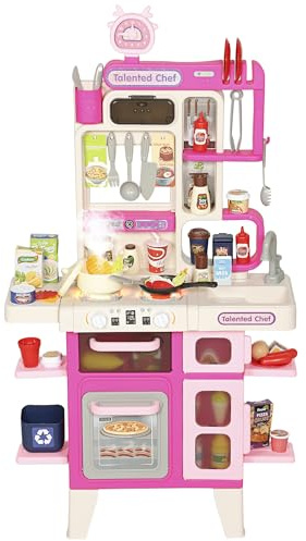 AIYAPLAY Kids Play Kitchen Toy Kitchen Pretend Role Play Set 104PCS Accessories Including Realistic Lights & Sounds, Toy Food, Pots, Utensils, for 3-6 Years, Pink