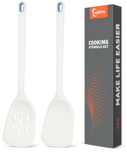 Silicone Cooking Spatula&Slotted Spatulas, Pack of 2 |Solid Turner Kitchen Utensils Set for Cooking,Frying, Baking, Flipping, Turning,Heat Resistant 450℉ (White)