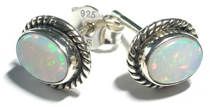 Ohrstecker aus 925er Sterlingsilber mit natürlichem Opal, minimalistisches ovales Design mit geflochtenem Rand, inklusive Geschenkbox, Mediano, Sterling Silber, Opal