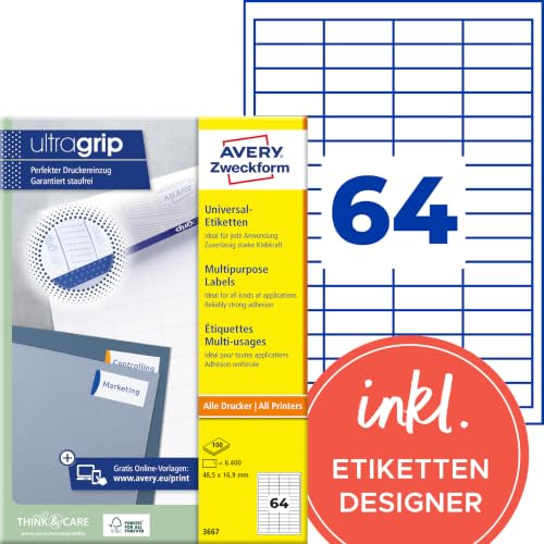 AVERY Zweckform 3667 Universal Etiketten (6.400 Klebeetiketten, 48,5x16,9mm auf A4, Papier matt, individuell bedruckbar, selbstklebende Aufkleber mit ultragrip) 100 Blatt, weiß