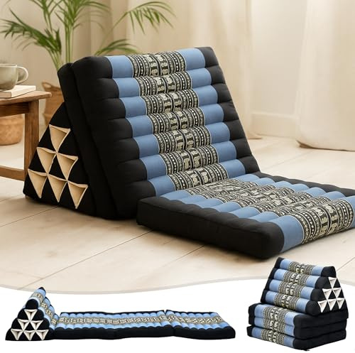 Leewadee - Comfortable Japanese Floor Mattress - Thai Floor Bed with Triangle Cushion - Futon Mattress - Thai Massage Mat, 67 x 21 inches, Blue, Kapok Filling