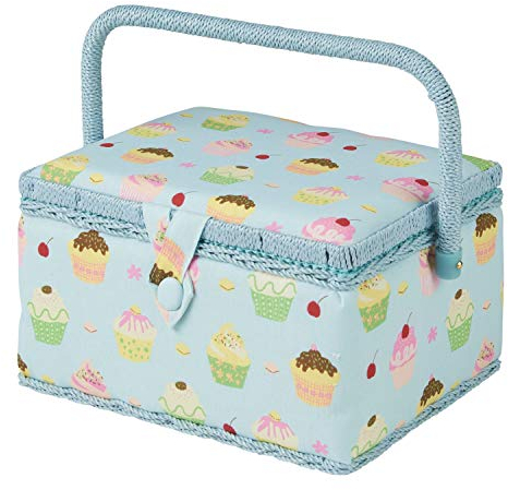 Medium Cupcake Sewing Box, Blue Cupcake Pattern Fabric, 18.5 x 26 x 15cm