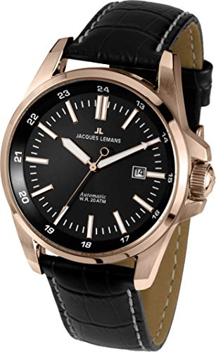 JACQUES LEMANS Herrenuhr Liverpool Automatic Lederarmband massiv Edelstahl ip-rosé 1-1869B