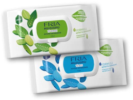 Fria MilleusiPiù Tè Verde & Tè Blu, Salviette Multiuso Rinfrescanti con Antibatterico, Tessuto Fibrasoft 3 Strati Biodegradabile, Confezione da 64 Salviette