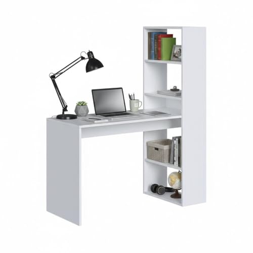 Dmora - Scrivania Denton, Scrittoio Multifunzione Reversibile con libreria 5 Ripiani, Tavolo da Studio o Ufficio Porta PC portalibri, 120x53h144 cm, Bianco
