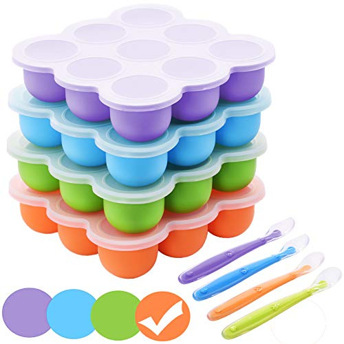 Contenitori per Freezer Neonati, 9 Scomparti × 75ml Contenitori Cibo Silicone Senza BPA, Contenitori Pappa Neonati con Coperchio Rimovibile e Cucchiaio,Porta Pappa Bambini Sigillato per Gelato-Arancio