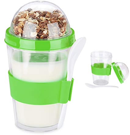 Relaxdays Juego de 2 vasos para cereales, yogur, cereales para llevar, incluye cuchara, 400 ml, altura 16 x 8 cm, color verde, 1 unidad