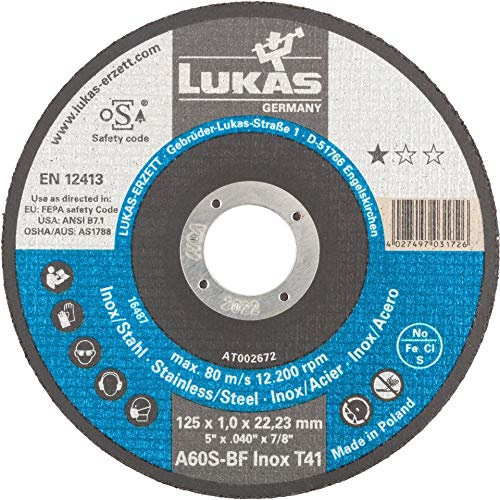 Disco de corte LUKAS T41 para acero inoxidable, 125 x 1 mm, recto, para amoladora angular | A60S-BF