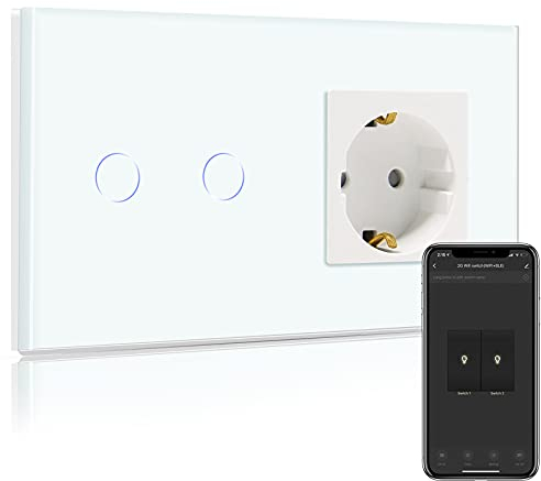 BSEED Normale 16A Steckdose mit Wifi Smart Lichtschalter intelligenter Glas Wandschalter kompatibel mit Alexa und Google Home auf NUR 2.4 GHz Netzwerk 2 Fach 1 Weg Weiß (Neutralleiter erforderlich)