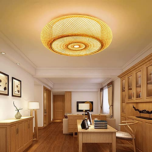 PANNN Plafoniera Lampada Da Soffitto Vintage in Bambù Lampada Da Soggiorno in Rattan Naturale Anello Rotondo Retro E27 Paralume Intrecciato Lampadario Camera Da Letto Illuminazione Per Ufficio,80cm