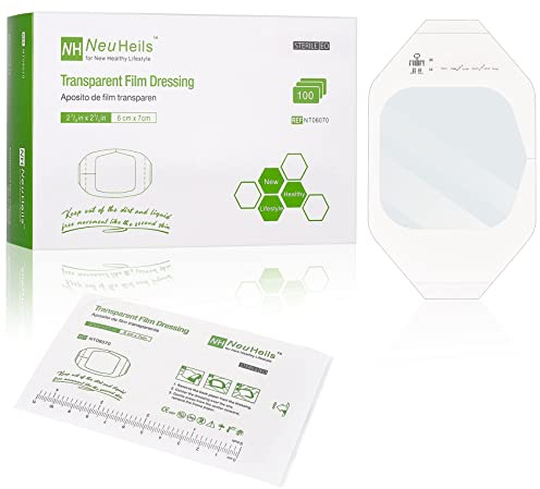NeuHeils Transparent Film Dressing 2 3/8'' x 2 3/4'', 100 Pack, Waterproof Wound Cover Bandage, Clear IV Catheter Tape, Adhesive Patch, Shower Shield