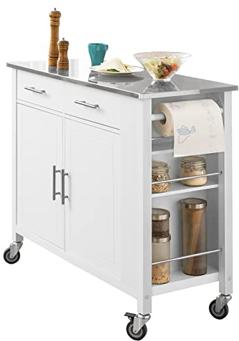 SoBuy Carrito de Cocina con Piso de Acero Inoxidable, Mueble de Almacenaje Multifuncional con Ruedas, Buffet con Estante Lateral, Isla de Cocina, Carro de Cocina, Mueble Auxiliar 107x46x94 cm FKW108-W