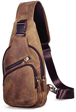 Le'aokuu Herren Echtes Leder Brusttasche Umhängetasche Sport Outdoor Messenger Bag Wanderrucksäcke（8015 1 Braun 2）