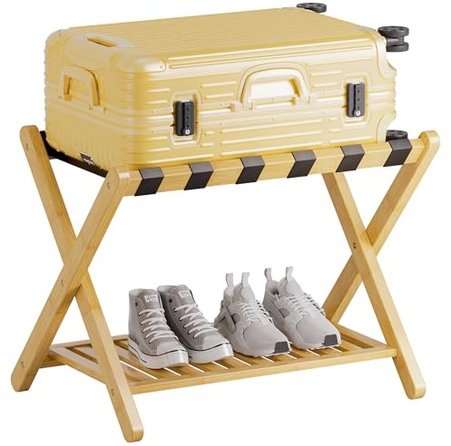 SMIBUY Portapacchi, supporto per valigia pieghevole in bambù con ripiano portaoggetti per camera degli ospiti, camera da letto, hotel, resistente (naturale e nero)