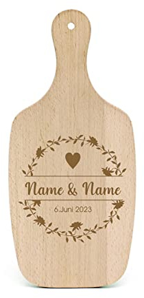 Hochzeitsgeschenk personalisiert Schneidebrett Vintage Blütenkranz Herzen graviert - Hochzeitspaar Name & Hochzeitsdatum - Hochzeitsdeko Tischdeko 34 x 15 cm