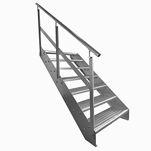 Premium Caillebotis acier Escalier à limon 7 Marches Entièrement galvanisé avec garde-corps à gauche - Dimensions (L x l x H) 139cm x 100cm x 133cm
