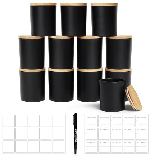 Winter Shore Pot Bougie Vide 270 ml [Lot de 12] - Pots en Verre Noir Givré - Couvercles en Bambou, 15 Étiquettes Imprimées & 15 Vierges, Stylo - Récipients Création Bougies Adaptés Lave-vaisselle