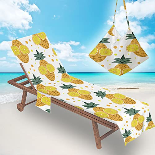 Surwin Sun Lounger Beach Towel with Pockets, Pineapple Print Summer 3D Beach Chair Cover Chaise Lounge Towel Cover Mate Sunbed Towels For Holiday Garden Outdoor Pool (75x210cm,Lemon)
