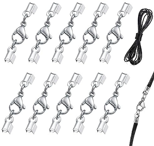 SwirlColor Verschlüsse für Armbänder, 10 Stück Kettenverschluss Silber mit Schnur Enden Kappe, Edelstahl Schmuckverschluss mit 1M Lederschnur für Halskette Armband DIY Handwerk