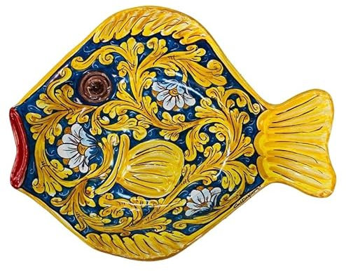 Vassoio Piatto da Portata Forma Pesce in Ceramica Caltagirone, Decoro Barocco e Floreale, Due opzioni Dimensione (1Unità) - Misura Piccola
