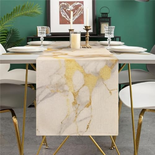 Tischläufer Leinen Frühling Abstrakte Kunst Beige Marmor Goldstruktur Tischdecke für Bauernhaus Esstisch Party Hochzeit Küche Wohnzimmer Sommer 40 x 140 cm