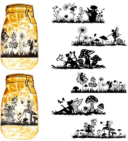 CREATCABIN 6Pcs Fairy Mushroom Silhouettes Mason Jar Decor PVC Laser Cut Fairies Scrapbook Cardboard Solar Lantern Hanging Cutouts Ornaments for Lantern Frosted Glass Window Black 8x3.5Inch-No Sticker