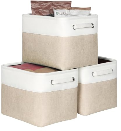 Kntiwiwo Foldable Storage Bin Collapsible Fabric Storage Basket Cube with Durable Handles Closet Organizer Bins for Organizing Shelves Drawers, Set of 3, 12 x 10 x 9.5, Beige
