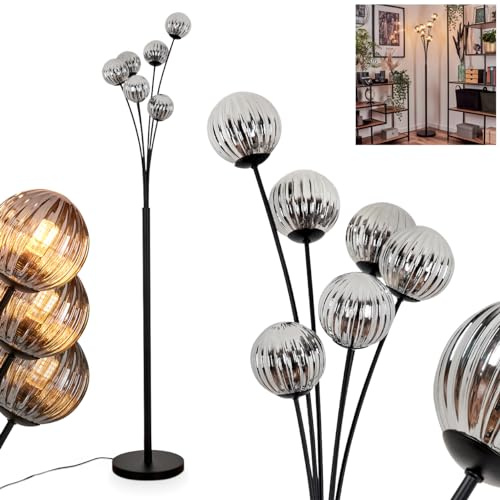 Stehleuchte Bernado, Stehlampe aus Metall/Riffelglas in Schwarz/Rauchfarben, Leuchte im modernen Retro/Vintage-Design mit Schirmen aus Glas (Ø 10cm), dimmbar über Fußschalter, 6x G9, ohne Leuchtmittel