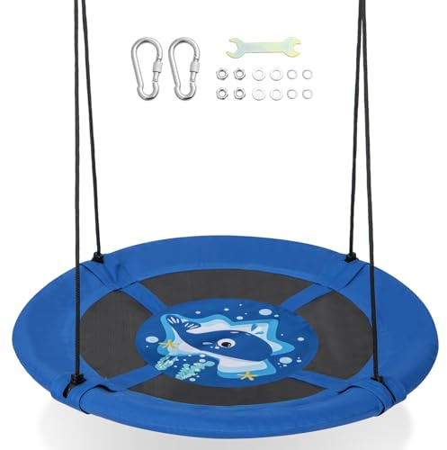 COSTWAY Columpio Nido, Columpio Jardin Exterior φ102 cm, Cuerdas Ajustables para Colgar, Tela Oxford y Tubos de Metal Galvanizado y Lindos Patrones, Carga 100kg (Ballena)