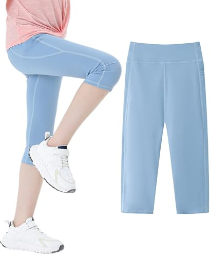 FEOYA Leggings för flickor, sport 7-punktsbyxor, stretch, atletisk yoga, gymbyxor, lediga, elastiska byxor, sortiment av livliga enfärgade för 5-11 år, A02blå, 140 cm